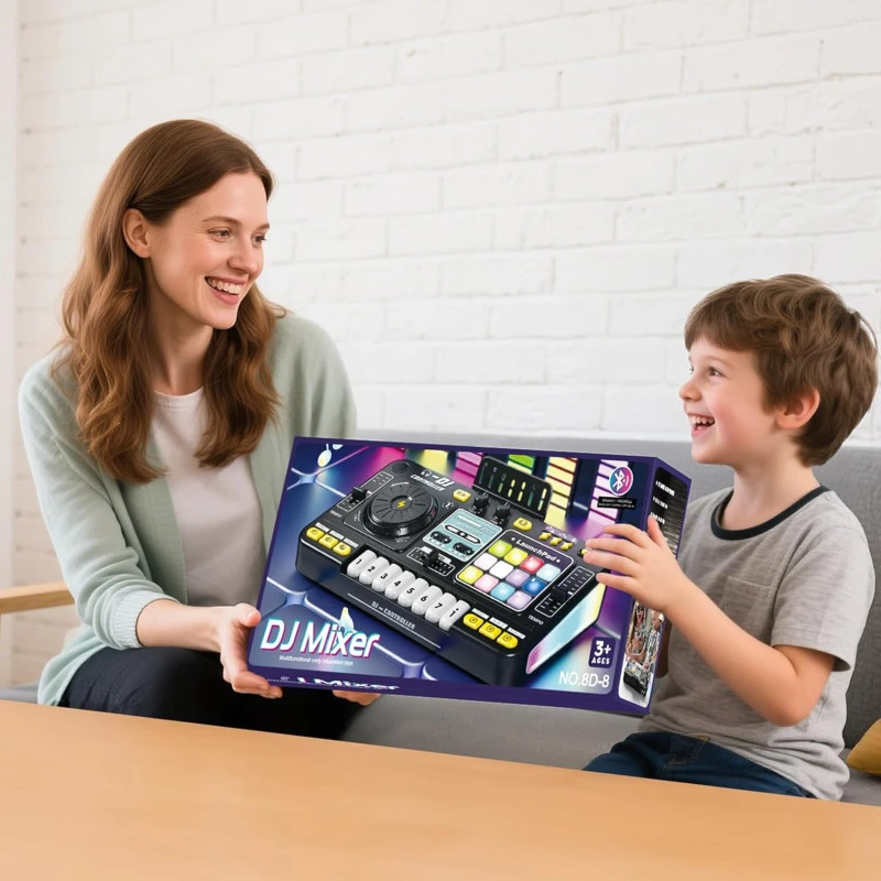 DJ Mixer su mikrofonu – vaikų DJ pultas su pianino klaviatūra, Bluetooth ir DJ turntable muzikos žaislas aprašymas - Prekės nuotrauka