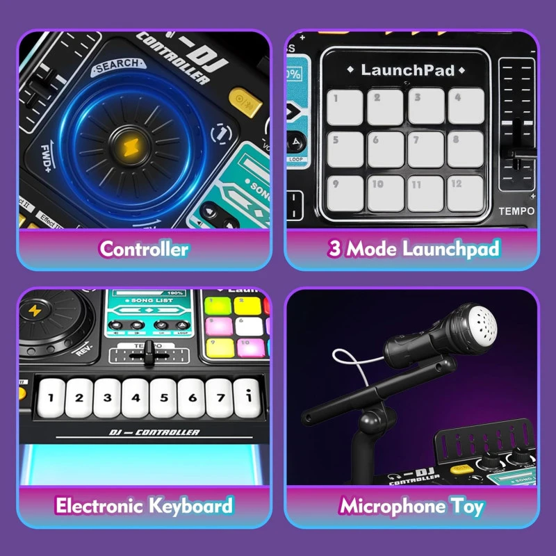 DJ Mixer su mikrofonu – vaikų DJ pultas su pianino klaviatūra, Bluetooth ir DJ turntable muzikos žaislas aprašymas - Prekės nuotrauka