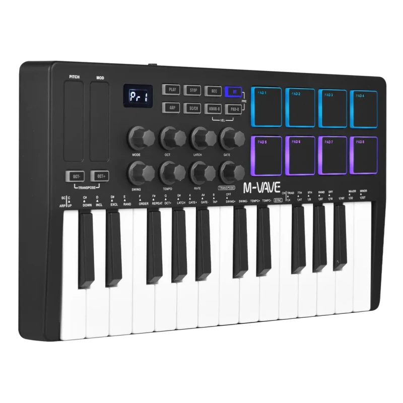 M-VAVE SMK-25 MIDI Keyboard Controller – 25 klavišų muzikos kūrimo kontroleris su 8 RGB pad’ais ir Bluetooth aprašymas - Prekės nuotrauka