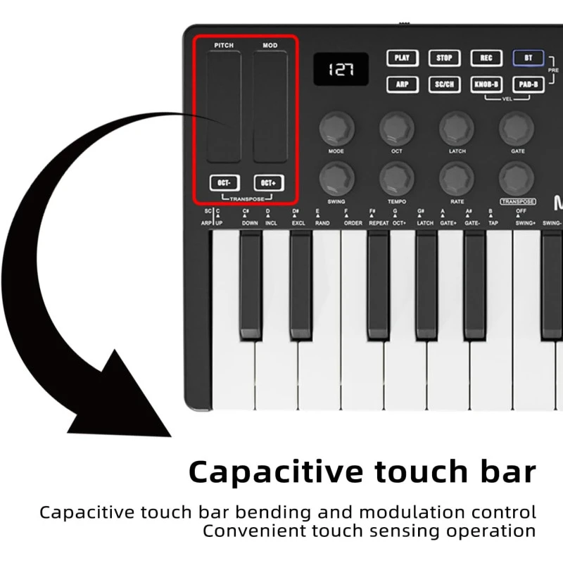 M-VAVE SMK-25 MIDI Keyboard Controller – 25 klavišų muzikos kūrimo kontroleris su 8 RGB pad’ais ir Bluetooth aprašymas - Prekės nuotrauka