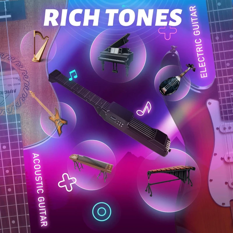 Mini Smart Electric Guitar – 7/12 ladų skaitmeninė Headless MIDI gitara su Bluetooth pradedantiesiems aprašymas - Prekės nuotrauka