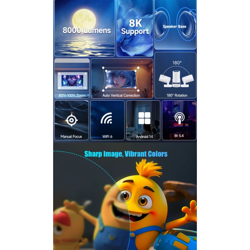 Portable Projektorius Pro+ Nešiojamas išmanus projektorius su Android 11, WiFi 6 ir 4K palaikymu namų kino patirčiai aprašymas - Prekės nuotrauka