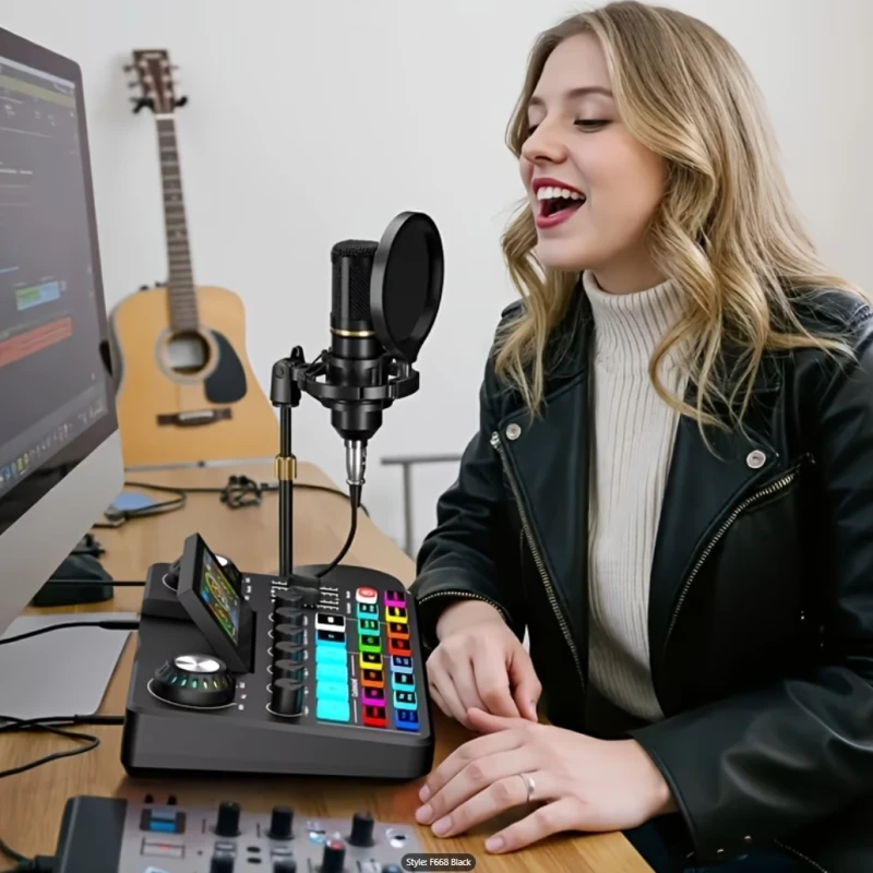 Profesionali garso korta su RGB apšvietimu, balso efektais (streamingui, podcastams, karaoke, influenceriams) aprašymas - Prekės nuotrauka