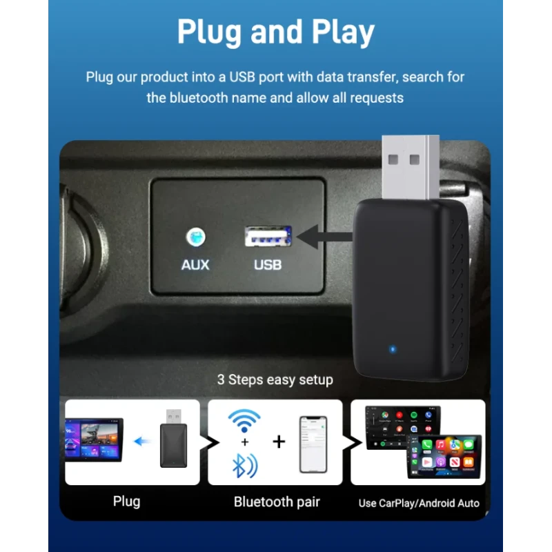 Automagnetola XUDA 2in1 Wired to Wireless CarPlay & Android Auto Adapteris – Paverskite laidinę sistemą belaidžiu patogumu aprašymas - Prekės nuotrauka