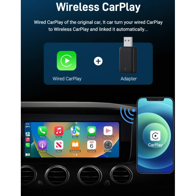 Automagnetola XUDA 2in1 Wired to Wireless CarPlay & Android Auto Adapteris – Paverskite laidinę sistemą belaidžiu patogumu aprašymas - Prekės nuotrauka