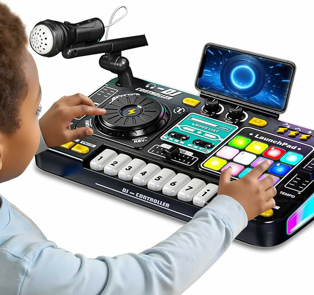 DJ Mixer su mikrofonu – vaikų DJ pultas su pianino klaviatūra, Bluetooth ir DJ turntable muzikos žaislas