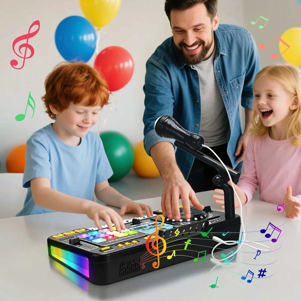 DJ Mixer su mikrofonu – vaikų DJ pultas su pianino klaviatūra, Bluetooth ir DJ turntable muzikos žaislas
