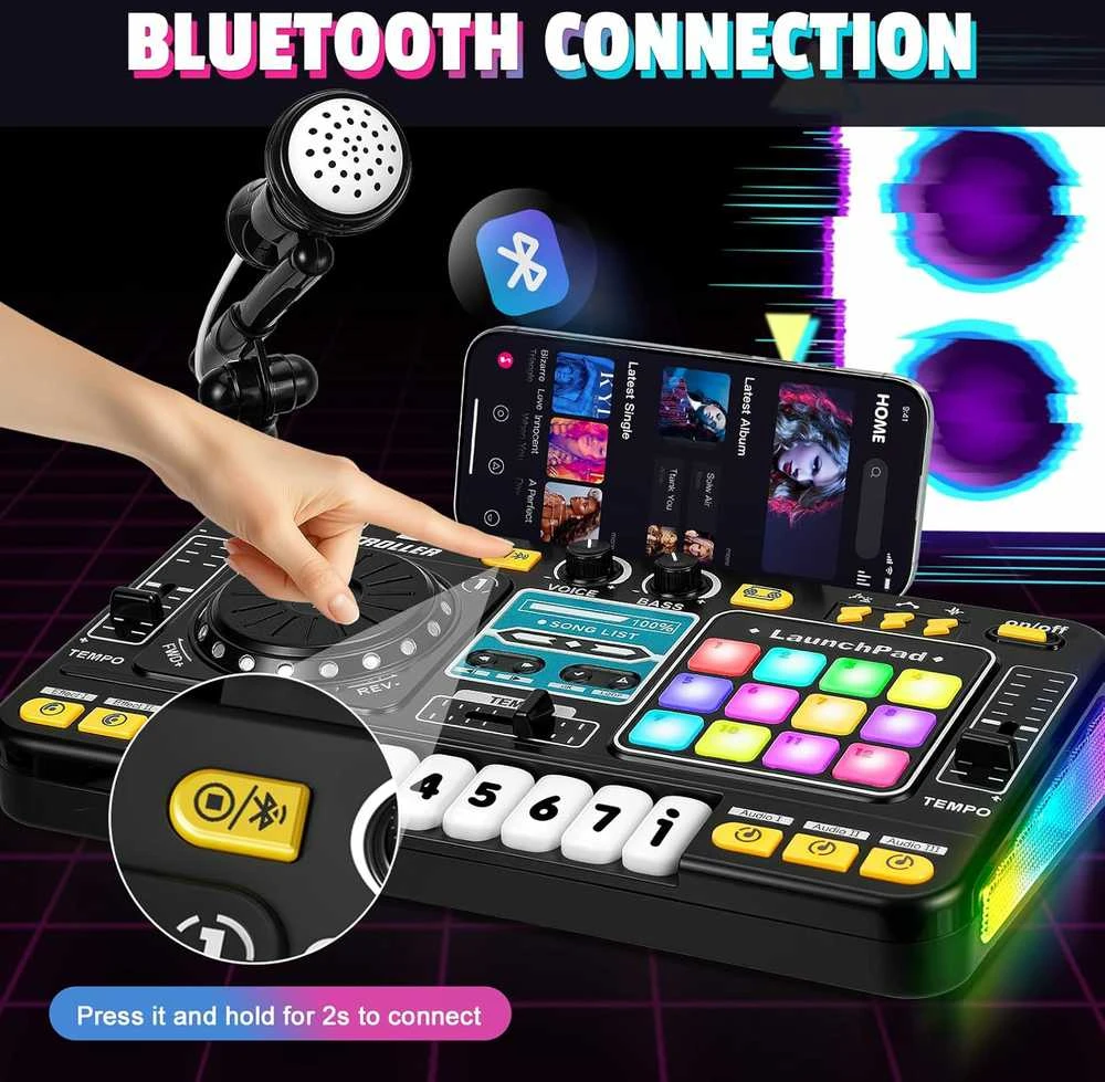 DJ Mixer su mikrofonu – vaikų DJ pultas su pianino klaviatūra, Bluetooth ir DJ turntable muzikos žaislas