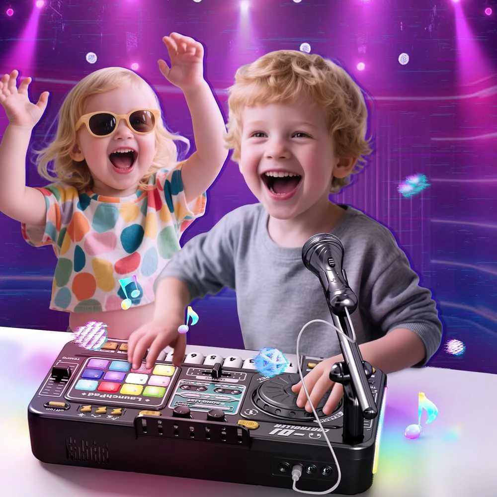 DJ Mixer su mikrofonu – vaikų DJ pultas su pianino klaviatūra, Bluetooth ir DJ turntable muzikos žaislas