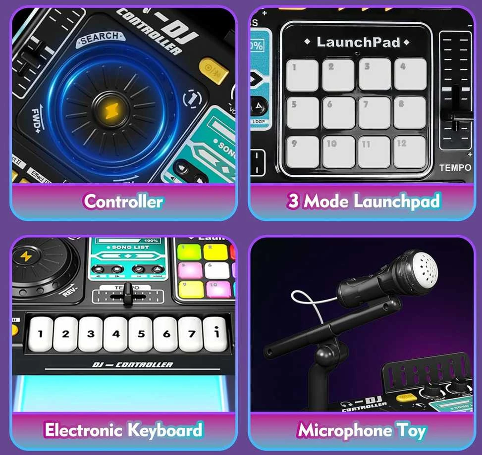 DJ Mixer su mikrofonu – vaikų DJ pultas su pianino klaviatūra, Bluetooth ir DJ turntable muzikos žaislas
