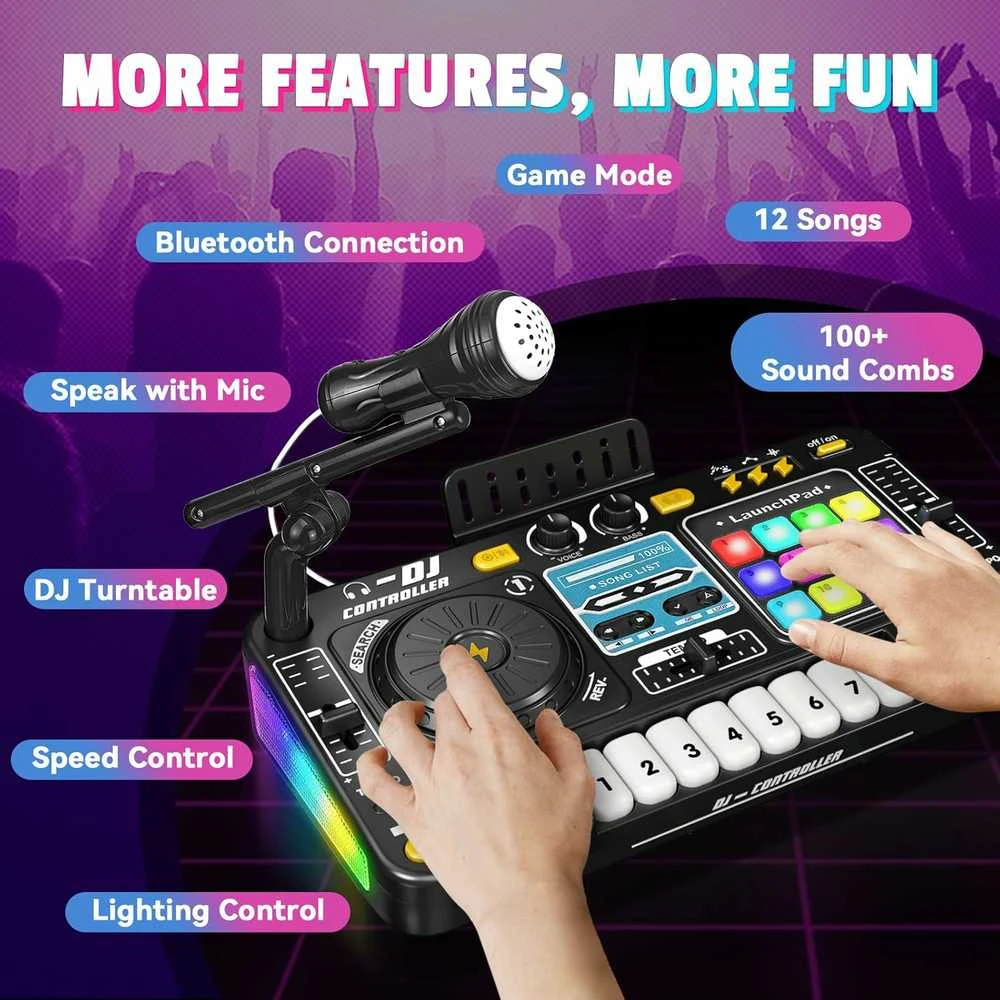 DJ Mixer su mikrofonu – vaikų DJ pultas su pianino klaviatūra, Bluetooth ir DJ turntable muzikos žaislas