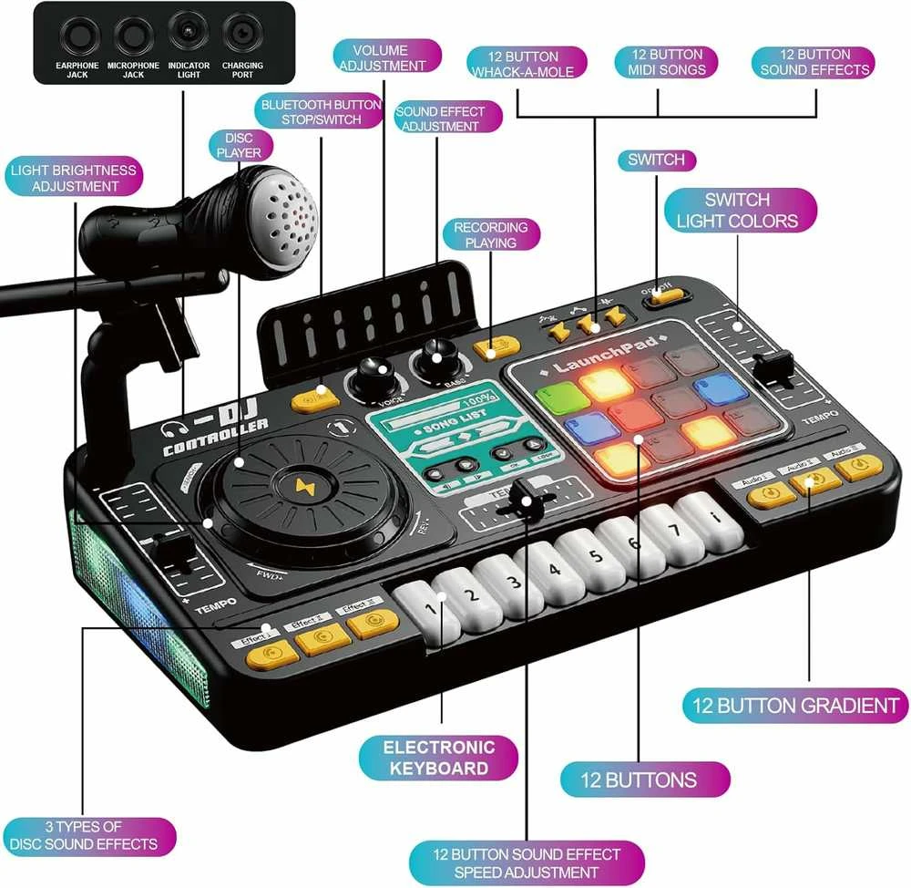 DJ Mixer su mikrofonu – vaikų DJ pultas su pianino klaviatūra, Bluetooth ir DJ turntable muzikos žaislas