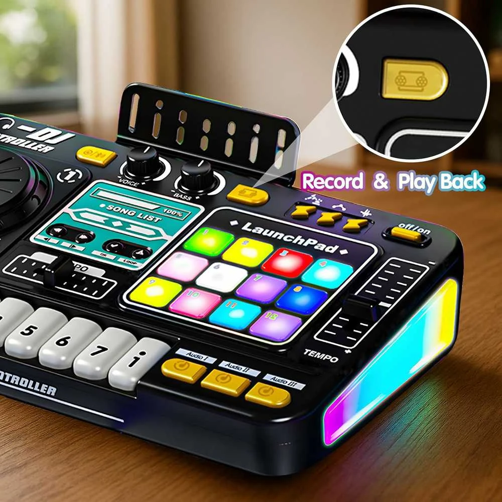 DJ Mixer su mikrofonu – vaikų DJ pultas su pianino klaviatūra, Bluetooth ir DJ turntable muzikos žaislas