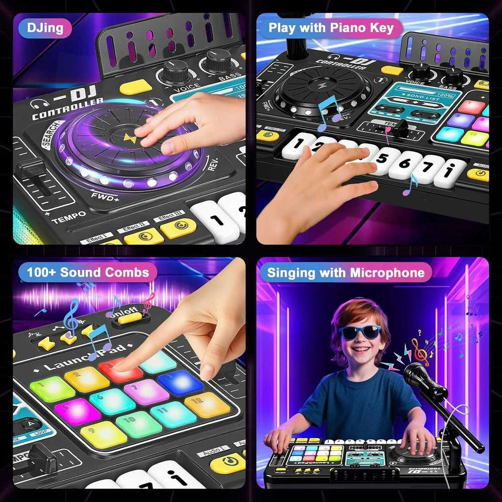 DJ Mixer su mikrofonu – vaikų DJ pultas su pianino klaviatūra, Bluetooth ir DJ turntable muzikos žaislas