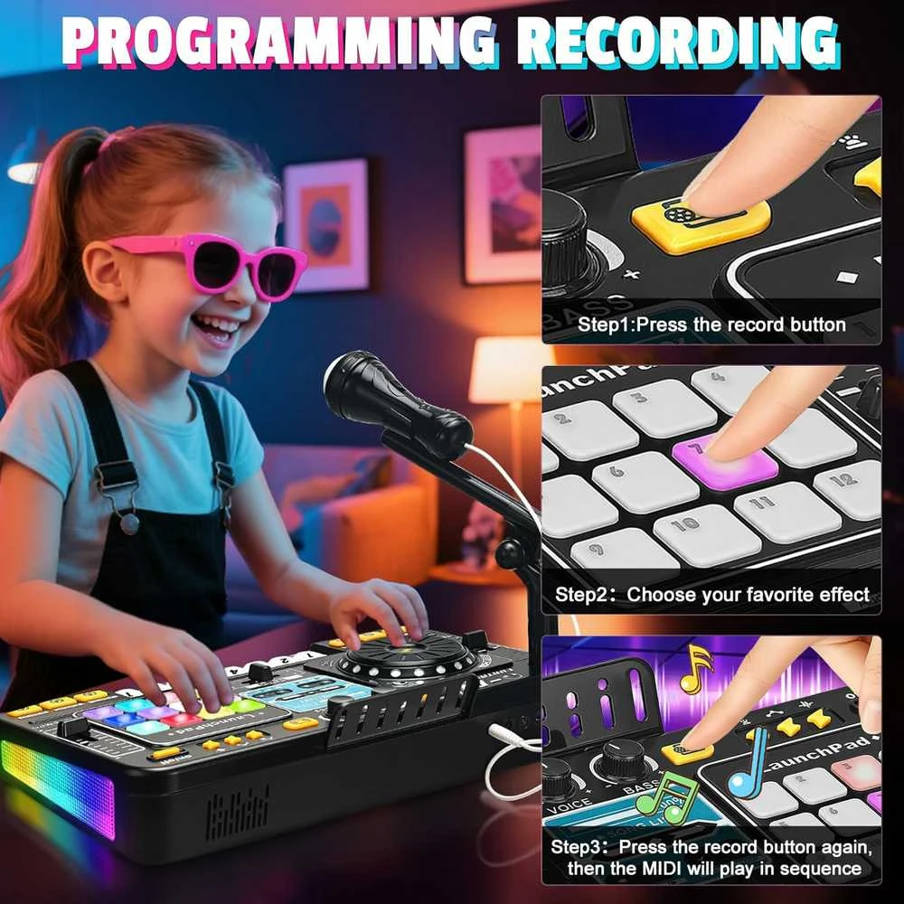 DJ Mixer su mikrofonu – vaikų DJ pultas su pianino klaviatūra, Bluetooth ir DJ turntable muzikos žaislas