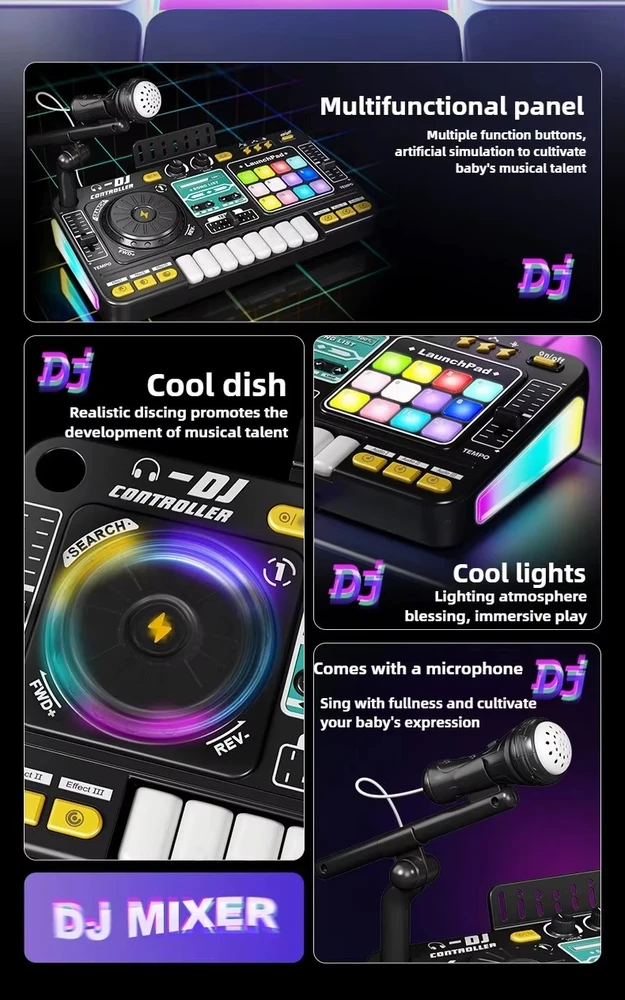 DJ Mixer su mikrofonu – vaikų DJ pultas su pianino klaviatūra, Bluetooth ir DJ turntable muzikos žaislas