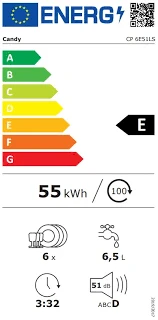 Candy Indaplovė | 6E51LS | Stalas | Plotis 55 cm | Indų komplektų skaičius: 6 | Programų skaičius: 8 | Energijos vartojimo efektyvumo klasė: E | Sidabrinis