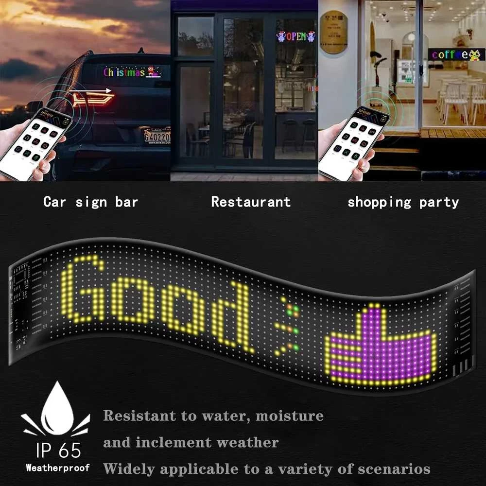 LED matricos pikselių skydelis, slenkantys ryškūs reklaminiai LED ženklai, lankstus ekranas, valdomas „Bluetooth“ programėle