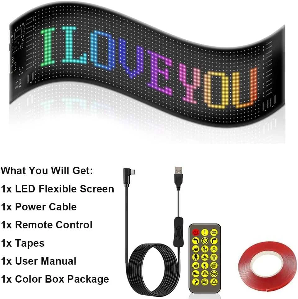 LED matricos pikselių skydelis, slenkantys ryškūs reklaminiai LED ženklai, lankstus ekranas, valdomas „Bluetooth“ programėle