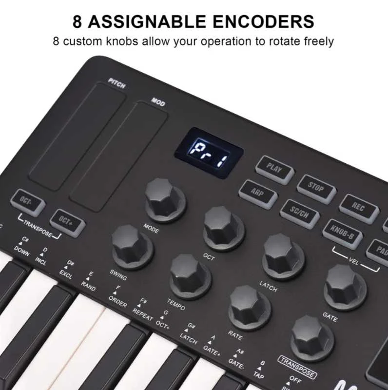 M-VAVE SMK-25 MIDI Keyboard Controller – 25 klavišų muzikos kūrimo kontroleris su 8 RGB pad’ais ir Bluetooth