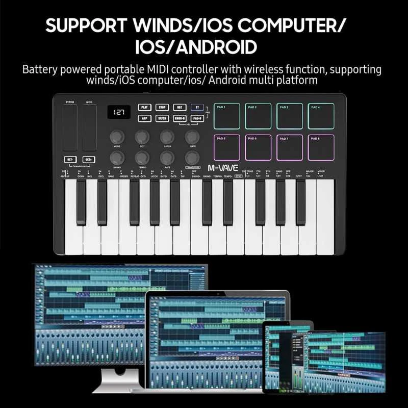 M-VAVE SMK-25 MIDI Keyboard Controller – 25 klavišų muzikos kūrimo kontroleris su 8 RGB pad’ais ir Bluetooth