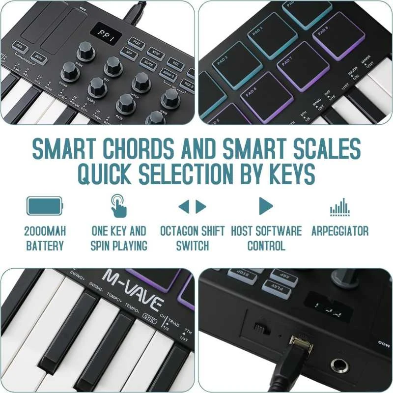 M-VAVE SMK-25 MIDI Keyboard Controller – 25 klavišų muzikos kūrimo kontroleris su 8 RGB pad’ais ir Bluetooth