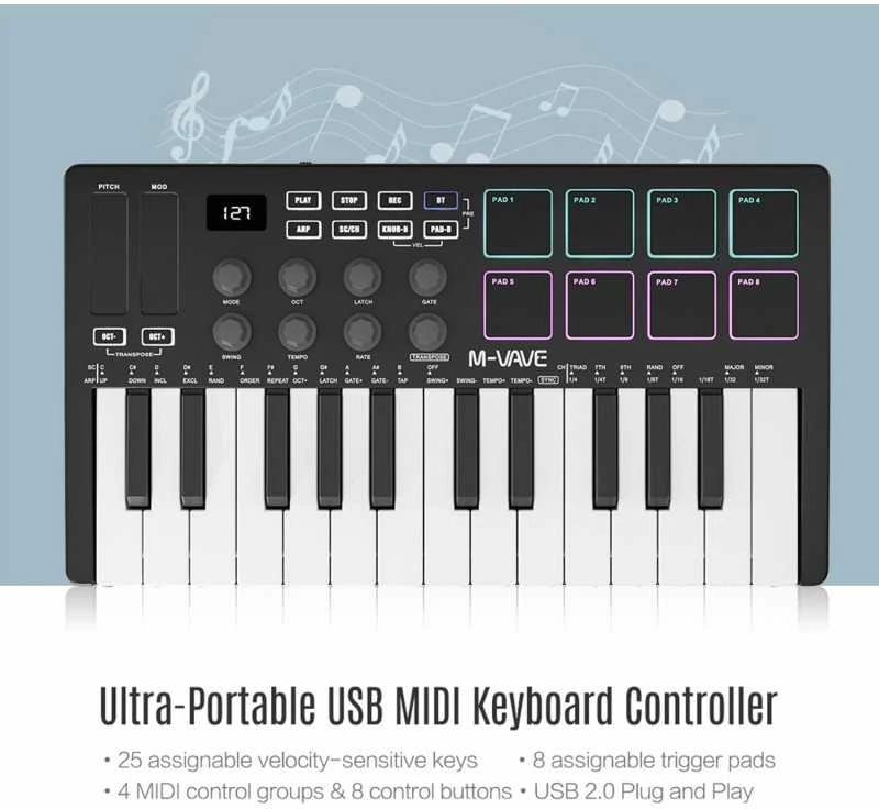 M-VAVE SMK-25 MIDI Keyboard Controller – 25 klavišų muzikos kūrimo kontroleris su 8 RGB pad’ais ir Bluetooth
