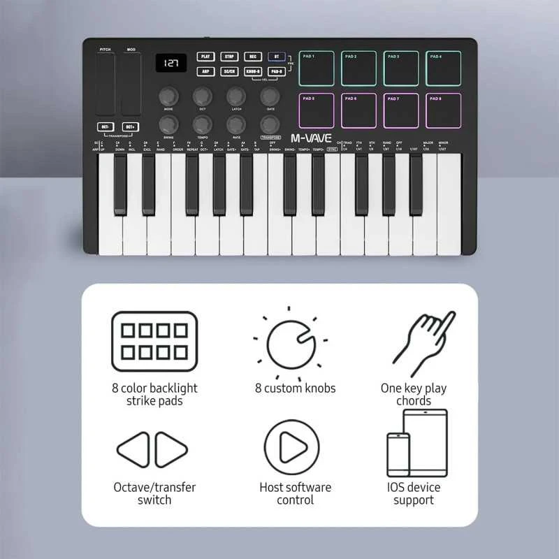 M-VAVE SMK-25 MIDI Keyboard Controller – 25 klavišų muzikos kūrimo kontroleris su 8 RGB pad’ais ir Bluetooth