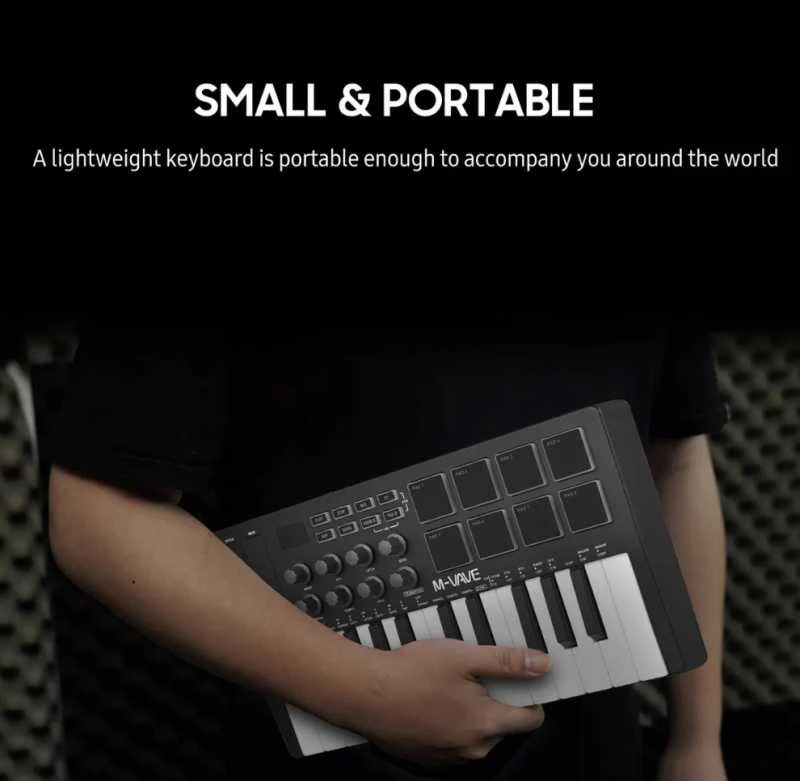 M-VAVE SMK-25 MIDI Keyboard Controller – 25 klavišų muzikos kūrimo kontroleris su 8 RGB pad’ais ir Bluetooth
