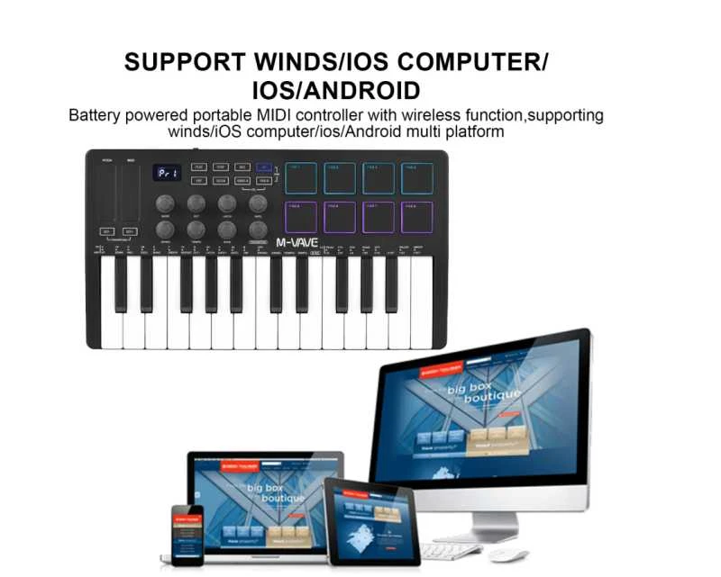 M-VAVE SMK-25 MIDI Keyboard Controller – 25 klavišų muzikos kūrimo kontroleris su 8 RGB pad’ais ir Bluetooth