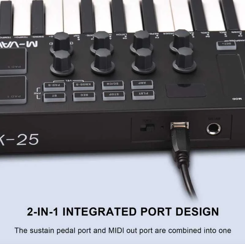 M-VAVE SMK-25 MIDI Keyboard Controller – 25 klavišų muzikos kūrimo kontroleris su 8 RGB pad’ais ir Bluetooth