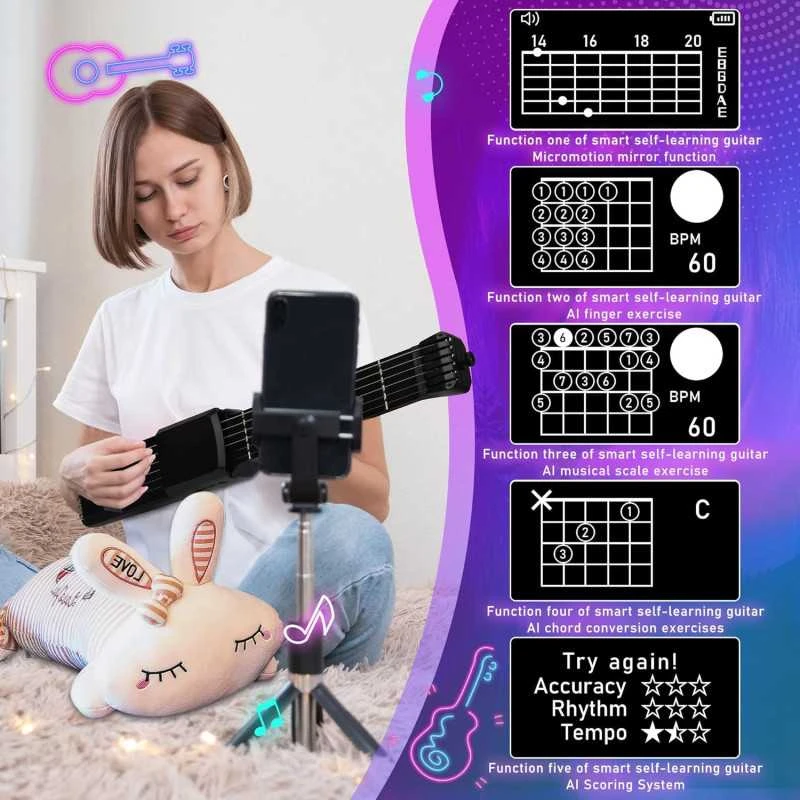 Mini Smart Electric Guitar – 7/12 ladų skaitmeninė Headless MIDI gitara su Bluetooth pradedantiesiems