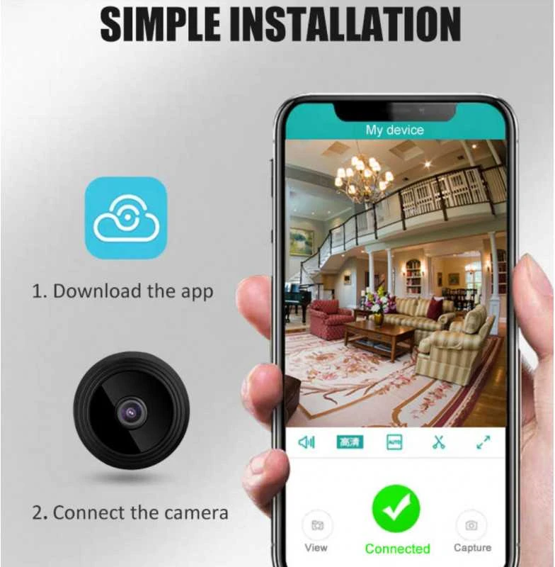 Mini Wifi IP kamera HD 1080P belaidė vidaus kamera su naktiniu pašvietimu, 90 laipsnių filmavimo kampas