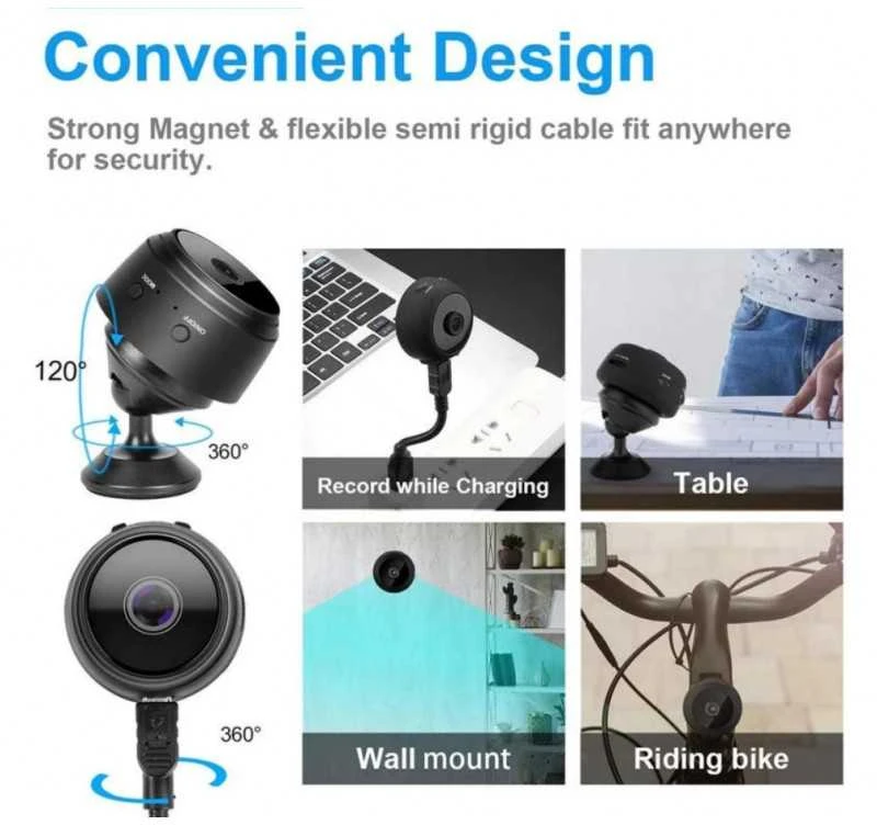 Mini Wifi IP kamera HD 1080P belaidė vidaus kamera su naktiniu pašvietimu, 90 laipsnių filmavimo kampas