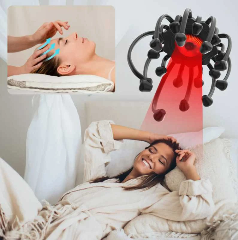 Octopus – išmanus galvos masažuoklis su 20 masažo kontaktų, 5 režimais, Bluetooth muzikos funkcija ir raudonos šviesos terapija
