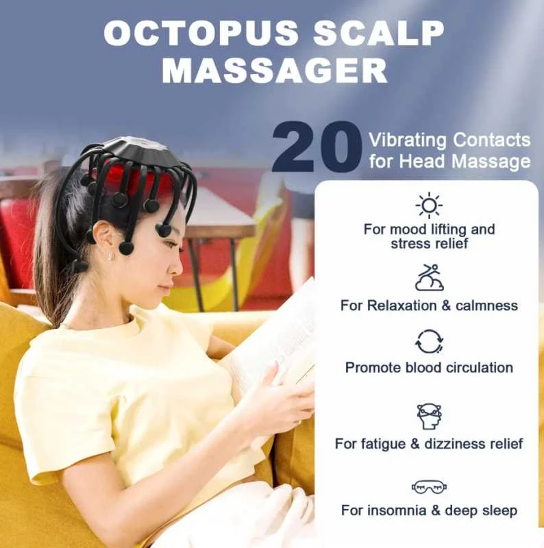 Octopus – išmanus galvos masažuoklis su 20 masažo kontaktų, 5 režimais, Bluetooth muzikos funkcija ir raudonos šviesos terapija