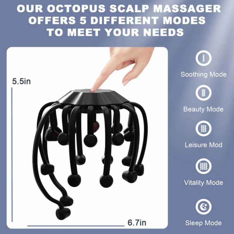 Octopus – išmanus galvos masažuoklis su 20 masažo kontaktų, 5 režimais, Bluetooth muzikos funkcija ir raudonos šviesos terapija