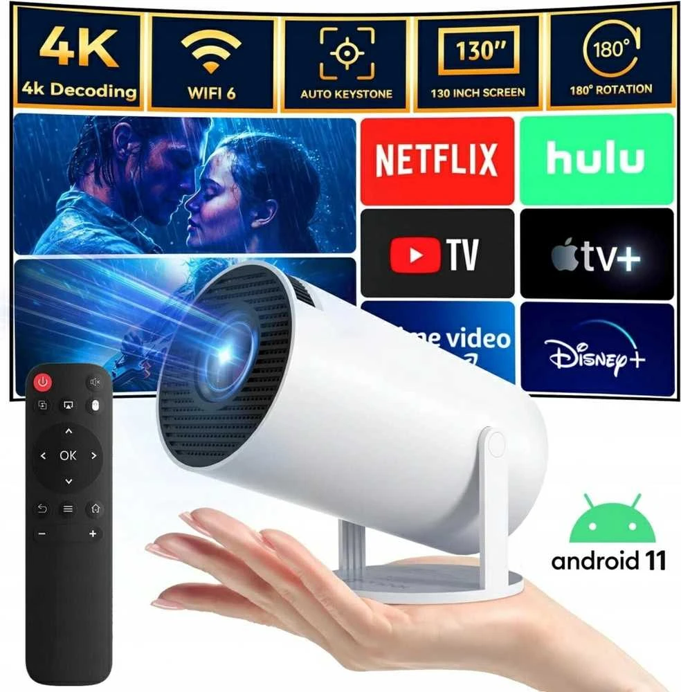 Portable Projektorius Pro+ Nešiojamas išmanus projektorius su Android 11, WiFi 6 ir 4K palaikymu namų kino patirčiai