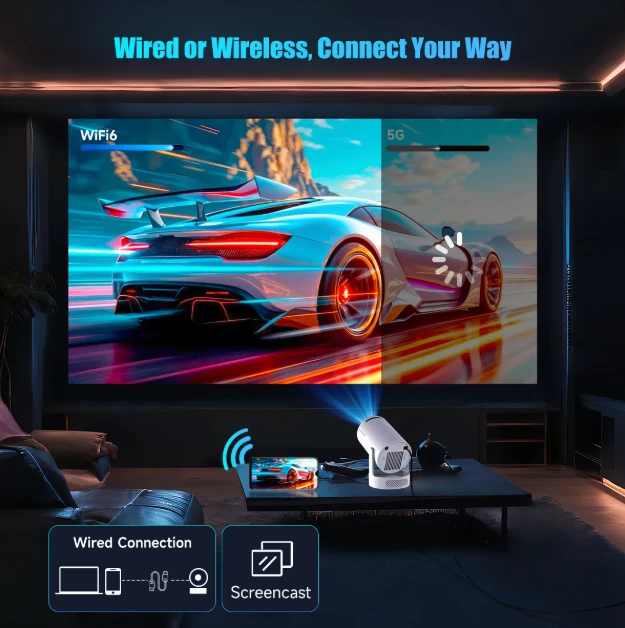Portable Projektorius Pro+ Nešiojamas išmanus projektorius su Android 11, WiFi 6 ir 4K palaikymu namų kino patirčiai