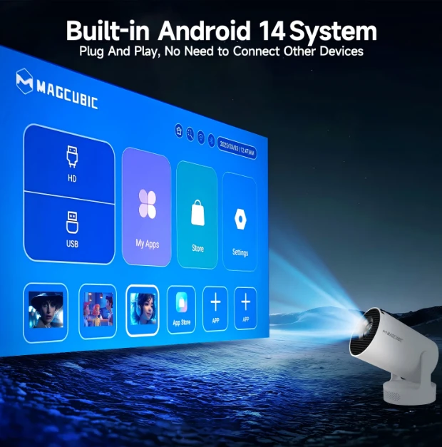 Portable Projektorius Pro+ Nešiojamas išmanus projektorius su Android 11, WiFi 6 ir 4K palaikymu namų kino patirčiai