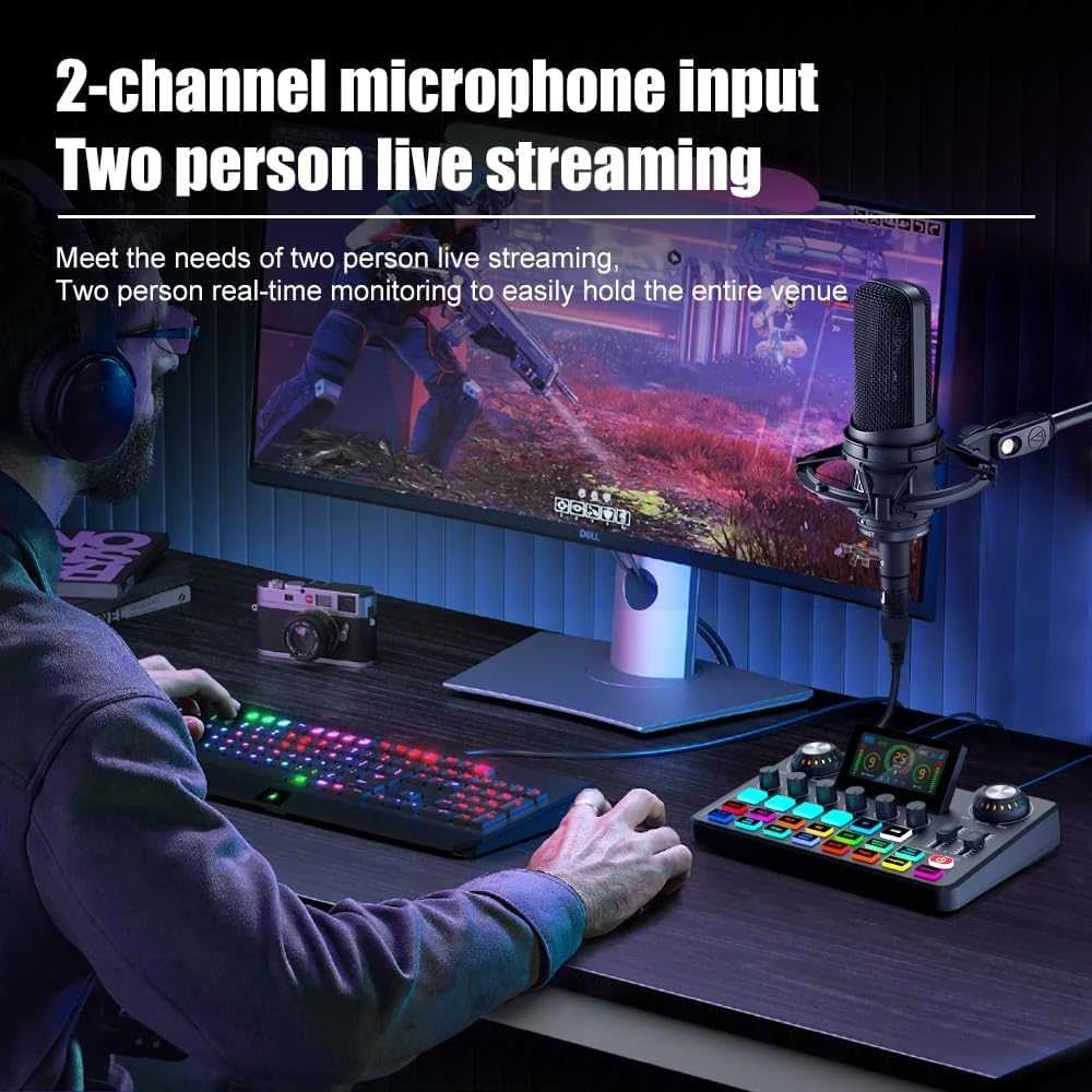 Profesionali garso korta su RGB apšvietimu, balso efektais (streamingui, podcastams, karaoke, influenceriams)