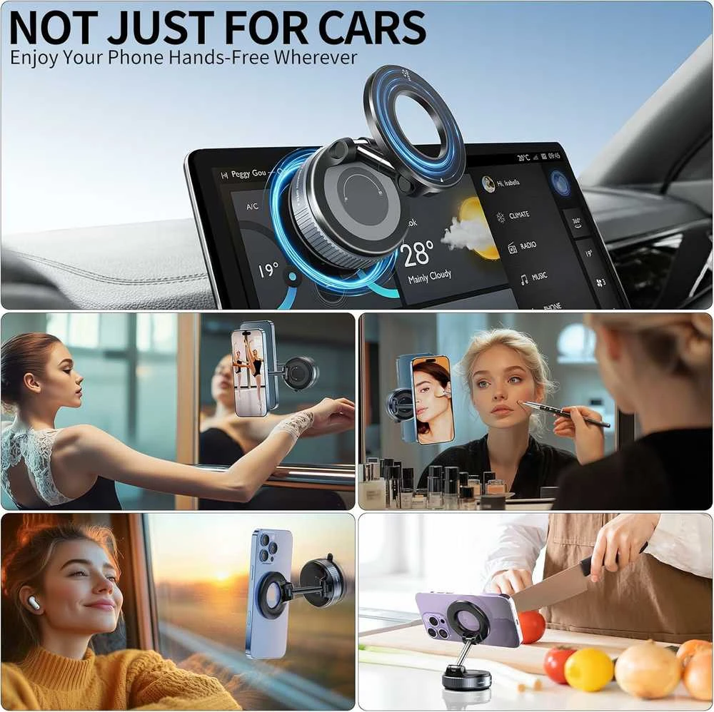 Sulankstomas vakuuminis magnetinis automobilinis telefono laikiklis su siurbtuku