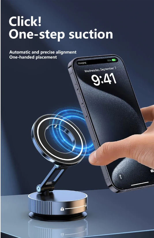 Sulankstomas vakuuminis magnetinis automobilinis telefono laikiklis su siurbtuku