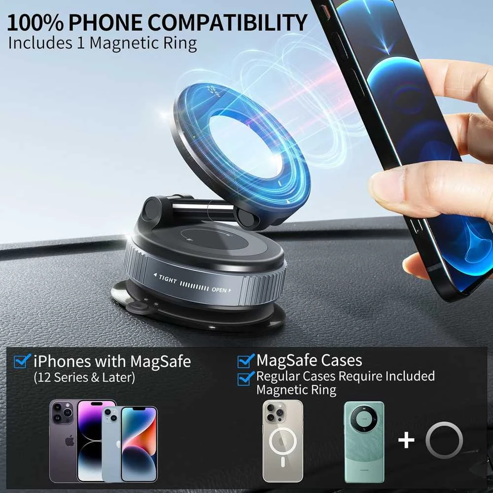 Sulankstomas vakuuminis magnetinis automobilinis telefono laikiklis su siurbtuku