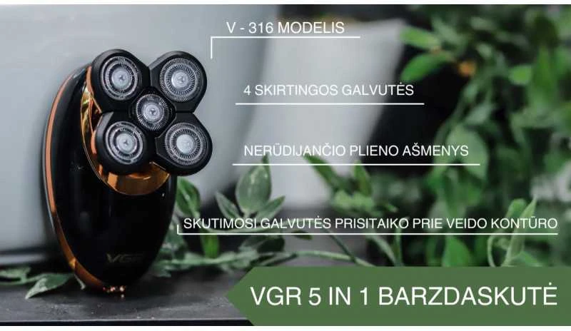 VGR 5IN1 Elektrinis skustuvas, atsparus vandeniui su 5 skirtingomis galvutėmis
