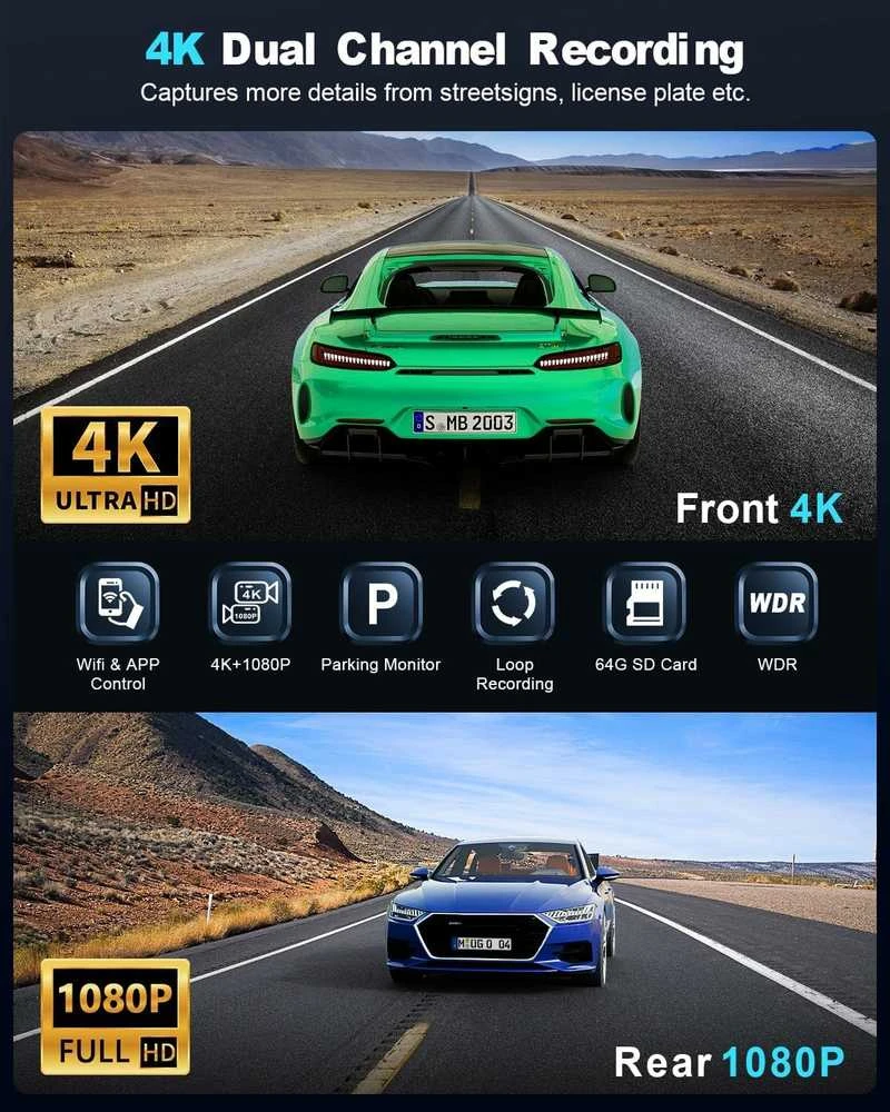 VOLTAIC 4K UHD Automobilio Vaizdo Registratorius su Wi-Fi, GPS ir Naktiniu Matymu – Išmanus Dash Cam jūsų saugumui