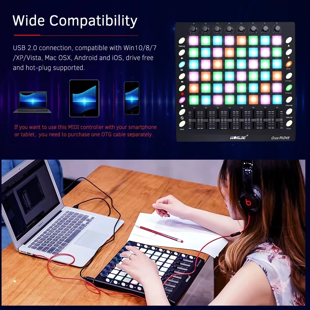 WORLDE MIDI Drum Pad Controller – 48 RGB multi-touch pad’ai, DJ beat maker ir live performance kontroleris