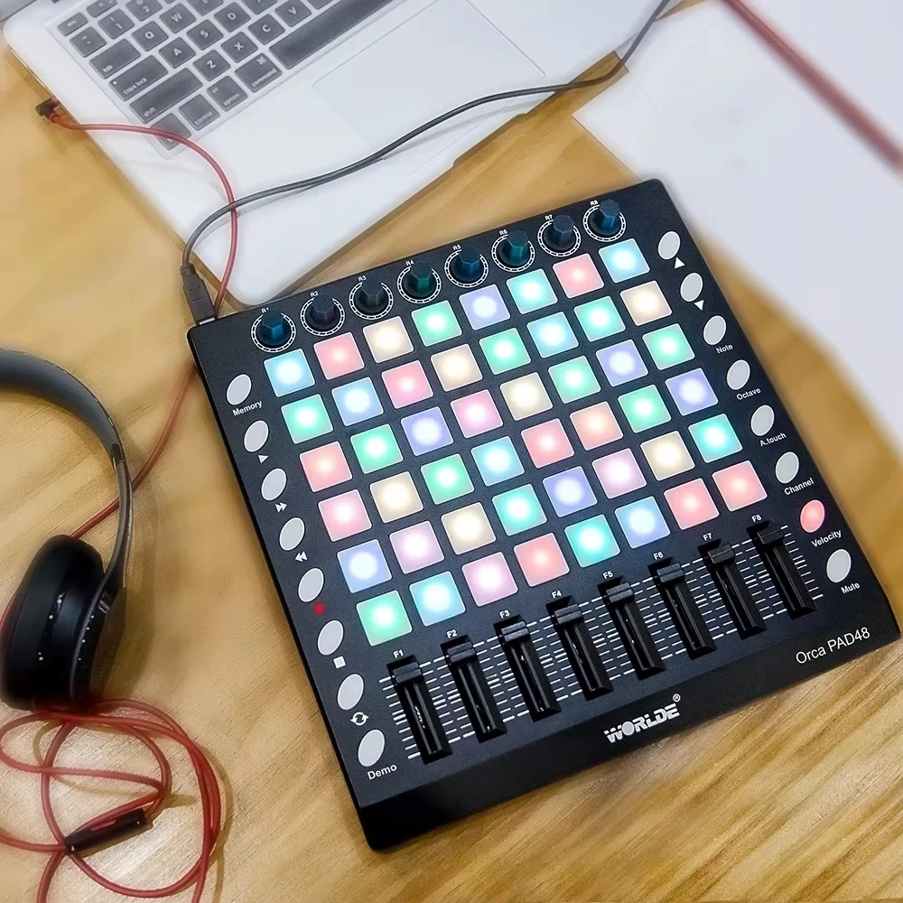 WORLDE MIDI Drum Pad Controller – 48 RGB multi-touch pad’ai, DJ beat maker ir live performance kontroleris