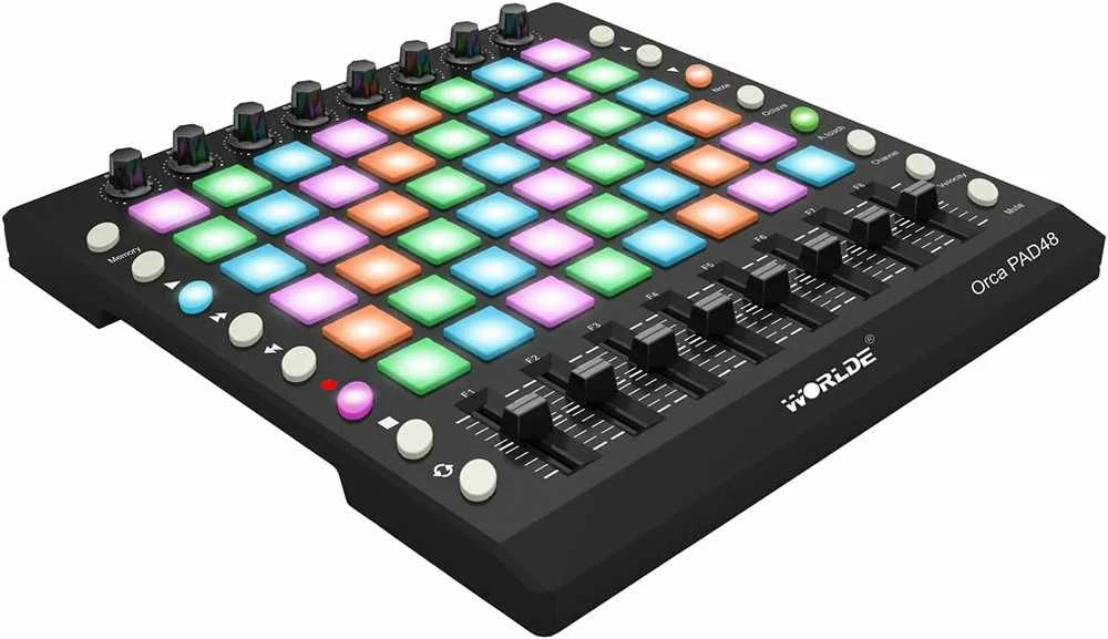 WORLDE MIDI Drum Pad Controller – 48 RGB multi-touch pad’ai, DJ beat maker ir live performance kontroleris