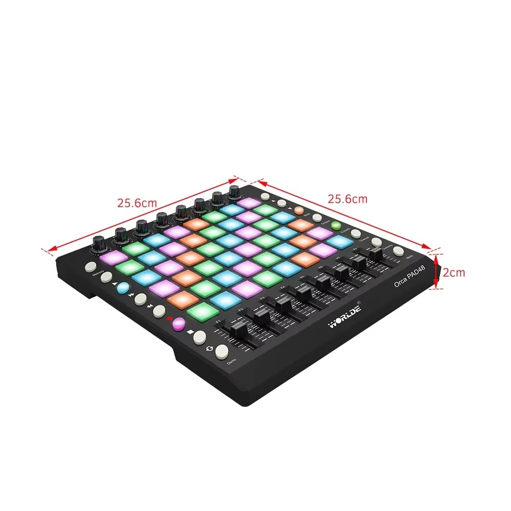 WORLDE MIDI Drum Pad Controller – 48 RGB multi-touch pad’ai, DJ beat maker ir live performance kontroleris